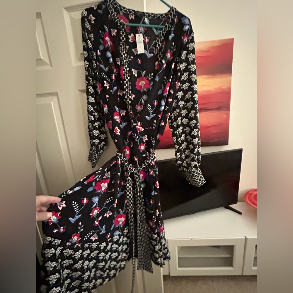 Floral chiffon belted midi dress with dark blue and burgundy jewel tones.